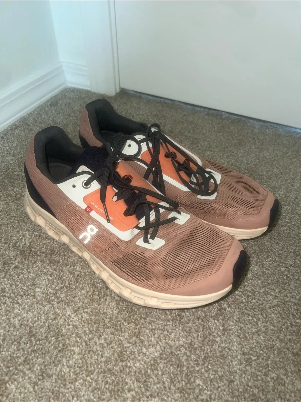 Rose colored OnClouds with orange, navy blue, and white accents. - Picture 1 of 5